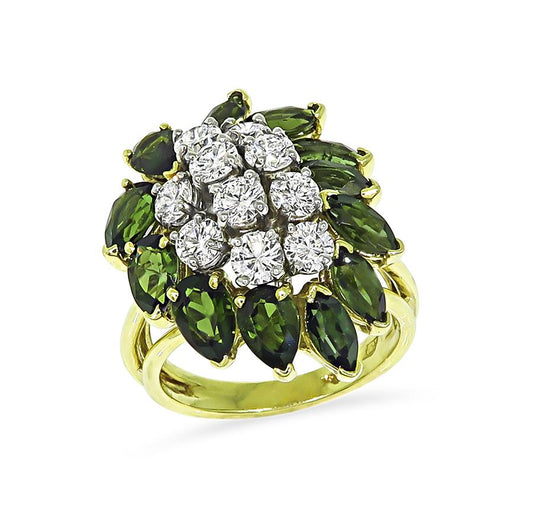 Estate 1.50ct Diamond 4.00ct Green Tourmaline 18k Gold Ring