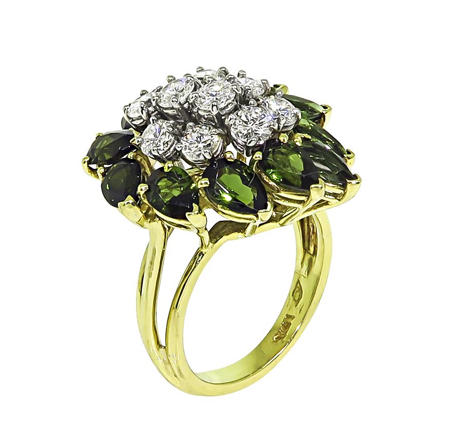 Estate 1.50ct Diamond 4.00ct Green Tourmaline 18k Gold Ring