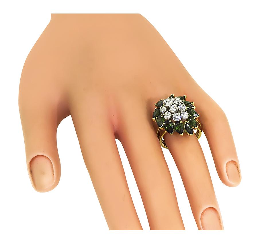 Estate 1.50ct Diamond 4.00ct Green Tourmaline 18k Gold Ring