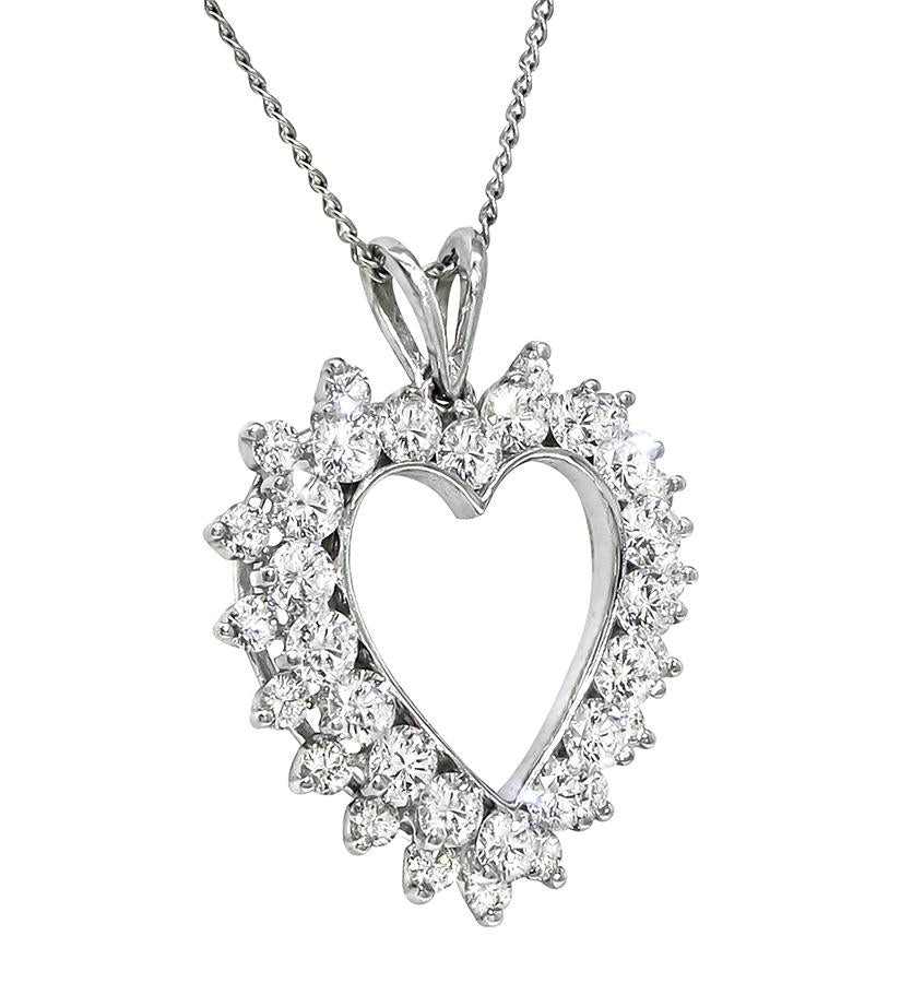 Estate 2.00ct Diamond 14k White Gold Heart Pendant Necklace