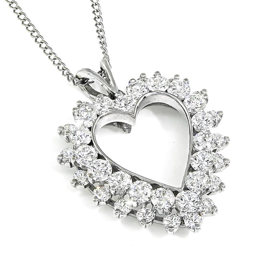 Estate 2.00ct Diamond 14k White Gold Heart Pendant Necklace