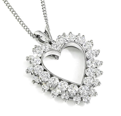 Estate 2.00ct Diamond 14k White Gold Heart Pendant Necklace