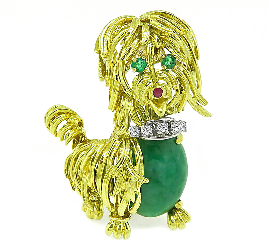 Estate Jadeite Diamond Emerald Gold Yorkie Pin