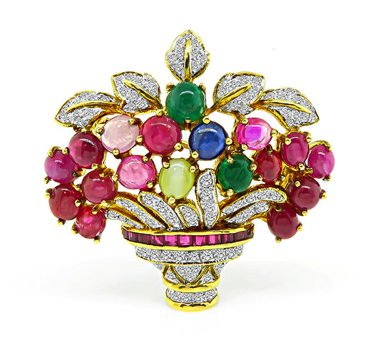 Estate Basket Pin with Diamond Ruby Emerald Sapphire Cat's Eye