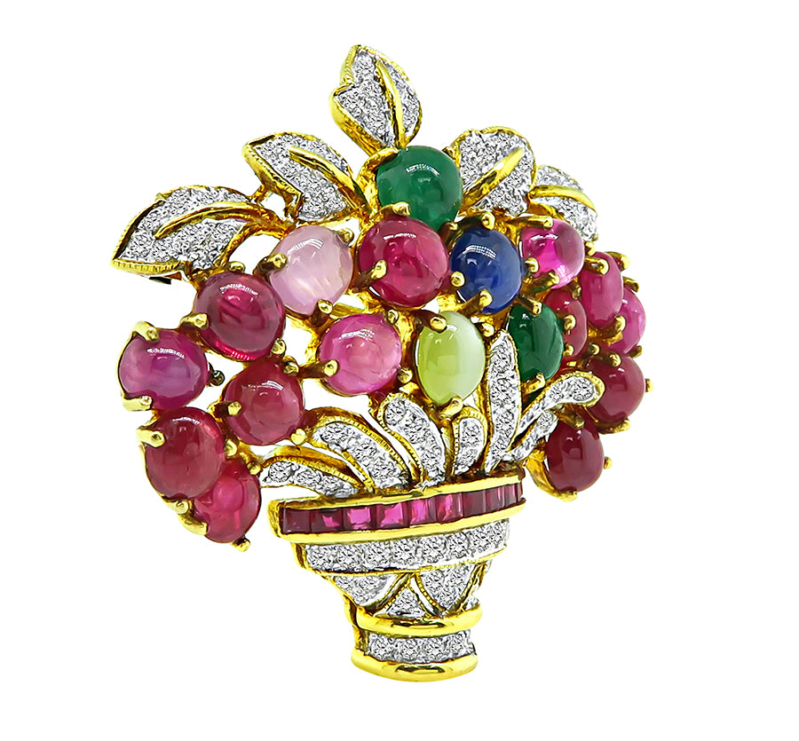 Estate Basket Pin with Diamond Ruby Emerald Sapphire Cat's Eye