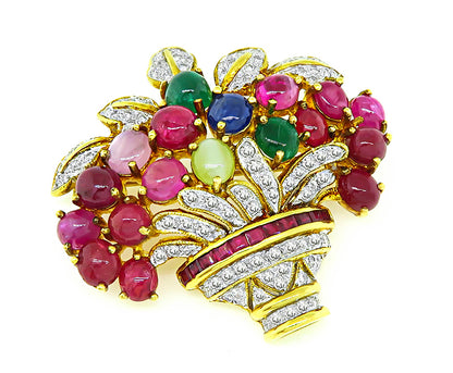 Estate Basket Pin with Diamond Ruby Emerald Sapphire Cat's Eye