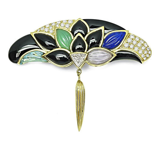 Estate Multi Color Gemstone 1.50ct Diamond Gold Pin