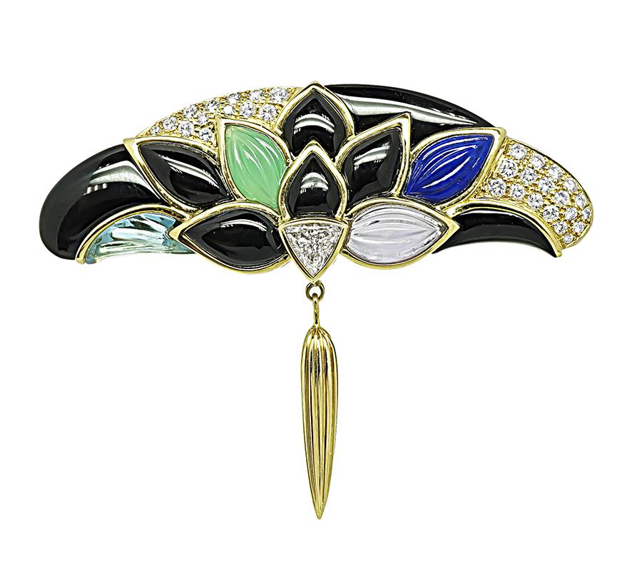 Estate Multi Color Gemstone 1.50ct Diamond Gold Pin