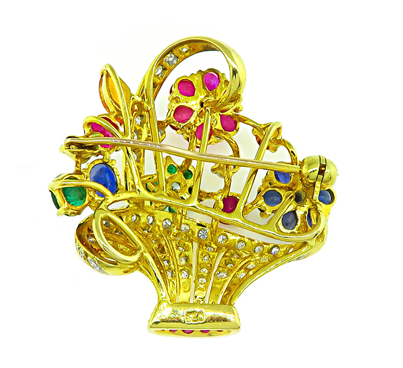 Estate 0.50ct Diamond 1.60ct Multi Color Gemstones Yellow Gold Basket Pin