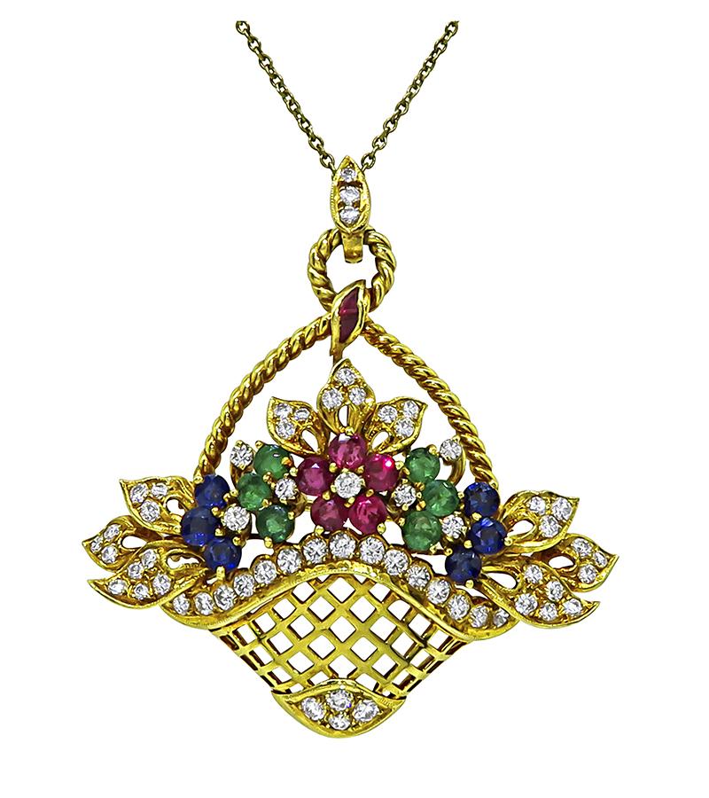 Estate 1.50ct Diamond 1.30ct Precious Gemstone 18k Gold Basket Pin / Pendant