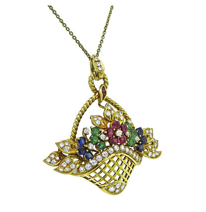 Estate 1.50ct Diamond 1.30ct Precious Gemstone 18k Gold Basket Pin / Pendant