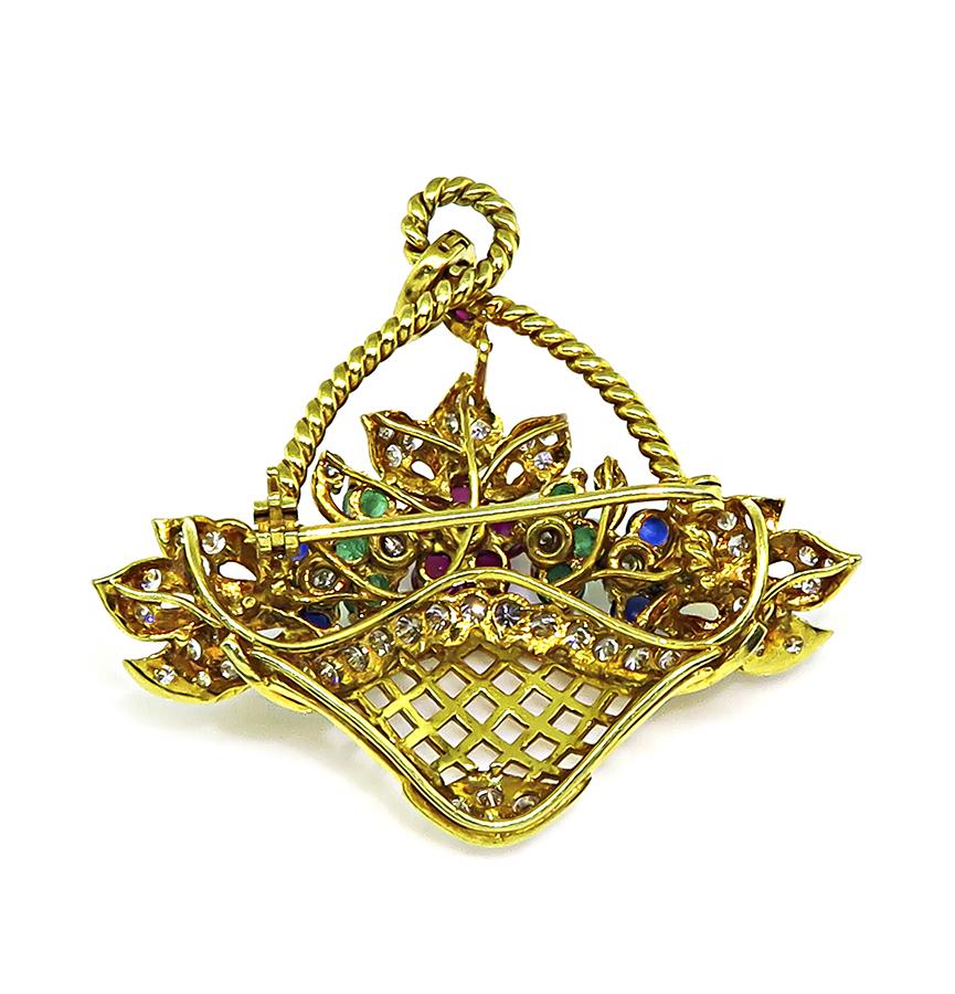 Estate 1.50ct Diamond 1.30ct Precious Gemstone 18k Gold Basket Pin / Pendant