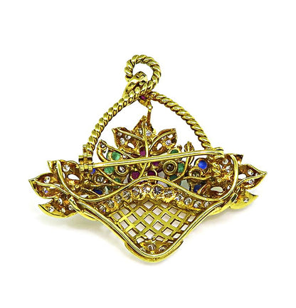 Estate 1.50ct Diamond 1.30ct Precious Gemstone 18k Gold Basket Pin / Pendant