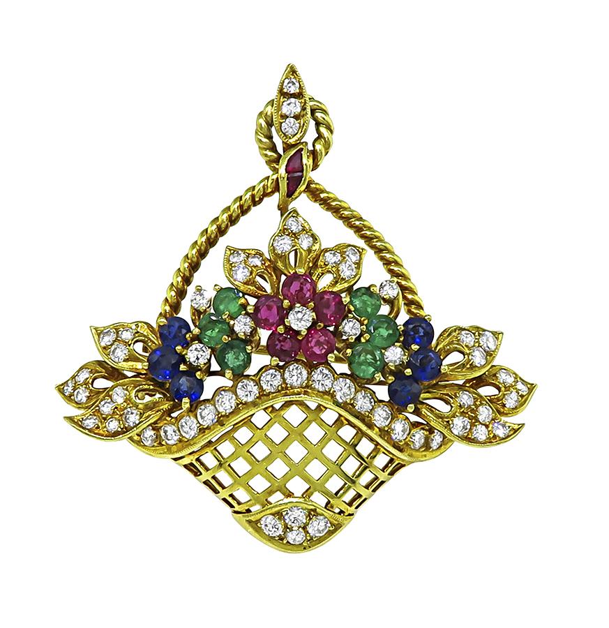Estate 1.50ct Diamond 1.30ct Precious Gemstone 18k Gold Basket Pin / Pendant