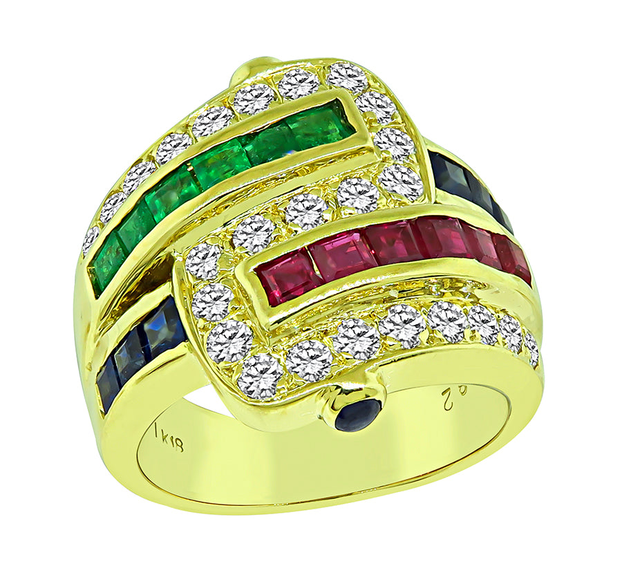 Estate 0.82ct Diamond 1.91ct Emerald Sapphire and Ruby Gold Ring