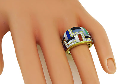Estate 0.43ct Diamond Multi Gemstone Inlay Gold Ring