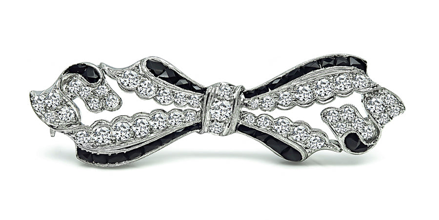 Vintage 2.50ct Diamond Onyx Bow Pin
