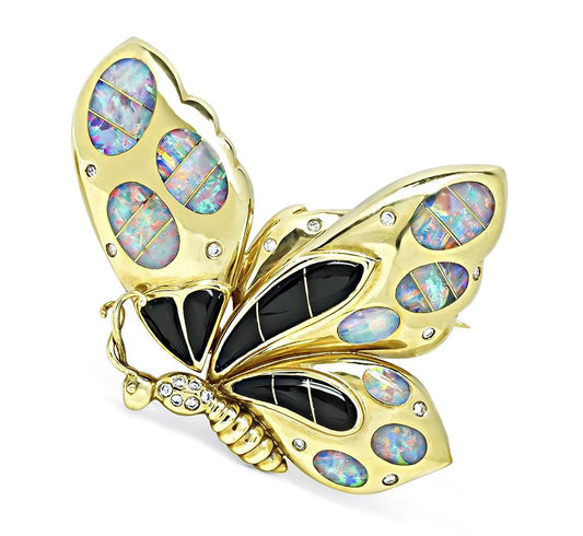 Estate Diamond Opal Onyx Gold Butterfly Pin