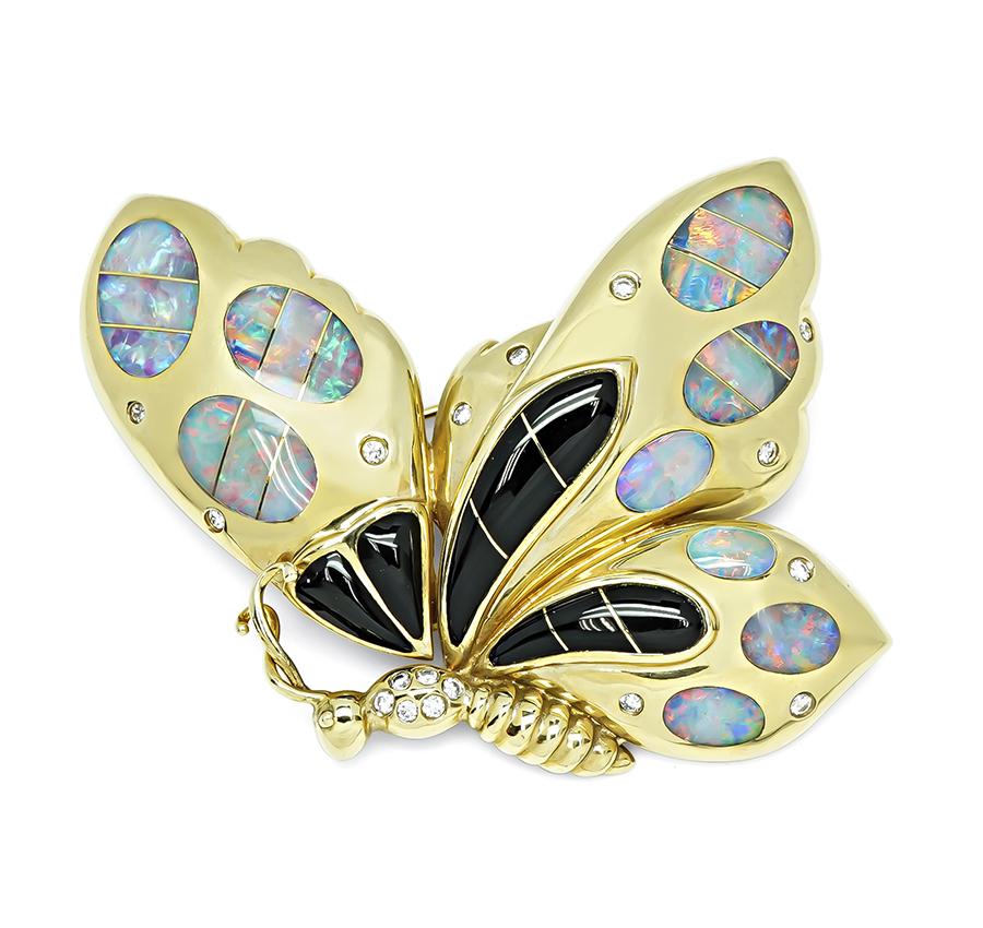 Estate Diamond Opal Onyx Gold Butterfly Pin