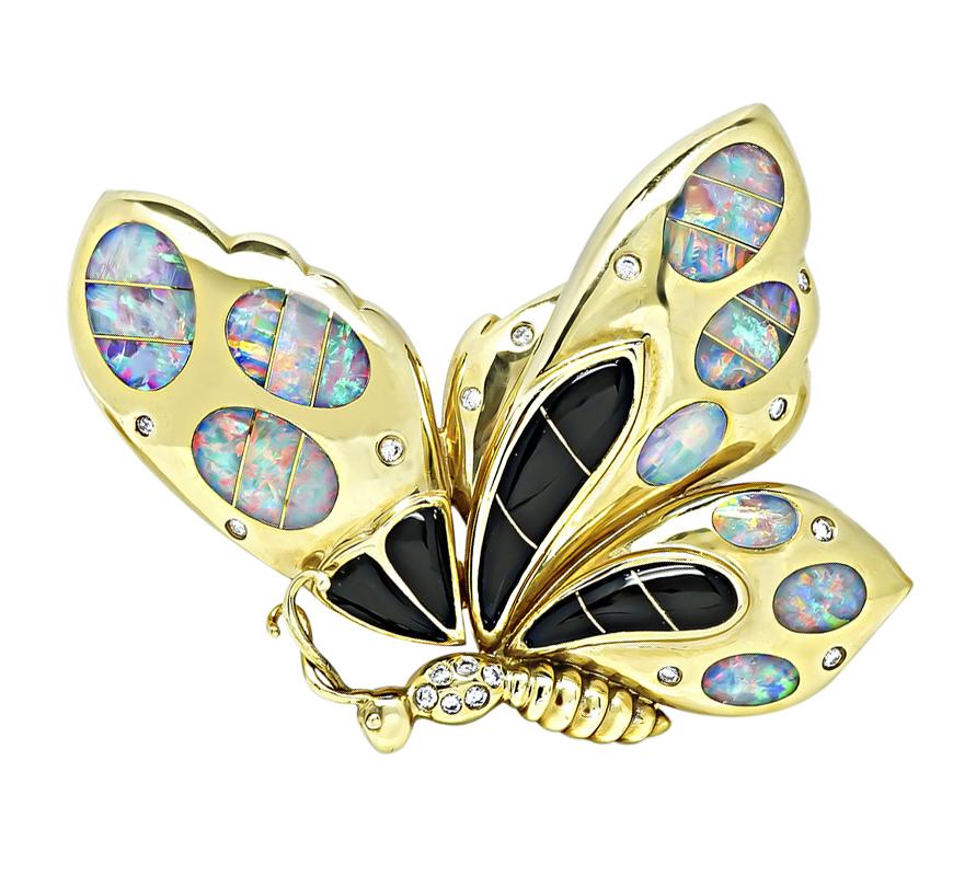 Estate Diamond Opal Onyx Gold Butterfly Pin