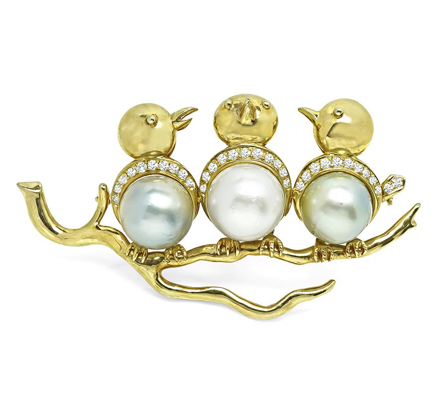 Estate South Sea Pearl 1.00ct Diamond Gold Three Little Birds Pin