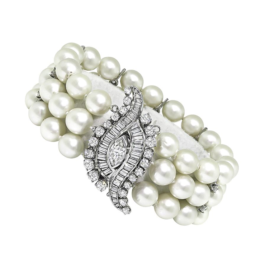 1950s 2.00ct Diamond 14k White Gold Pearl Bracelet