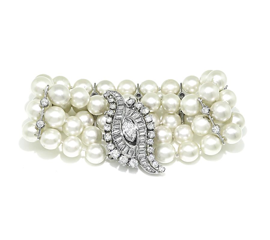 1950s 2.00ct Diamond 14k White Gold Pearl Bracelet