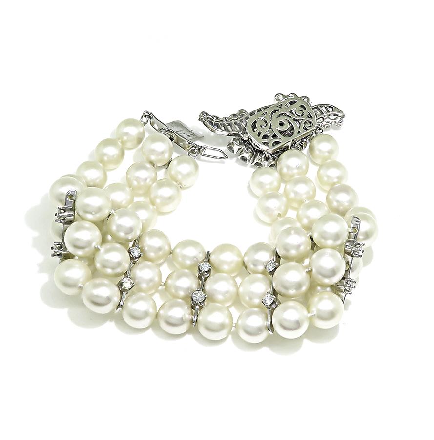 1950s 2.00ct Diamond 14k White Gold Pearl Bracelet