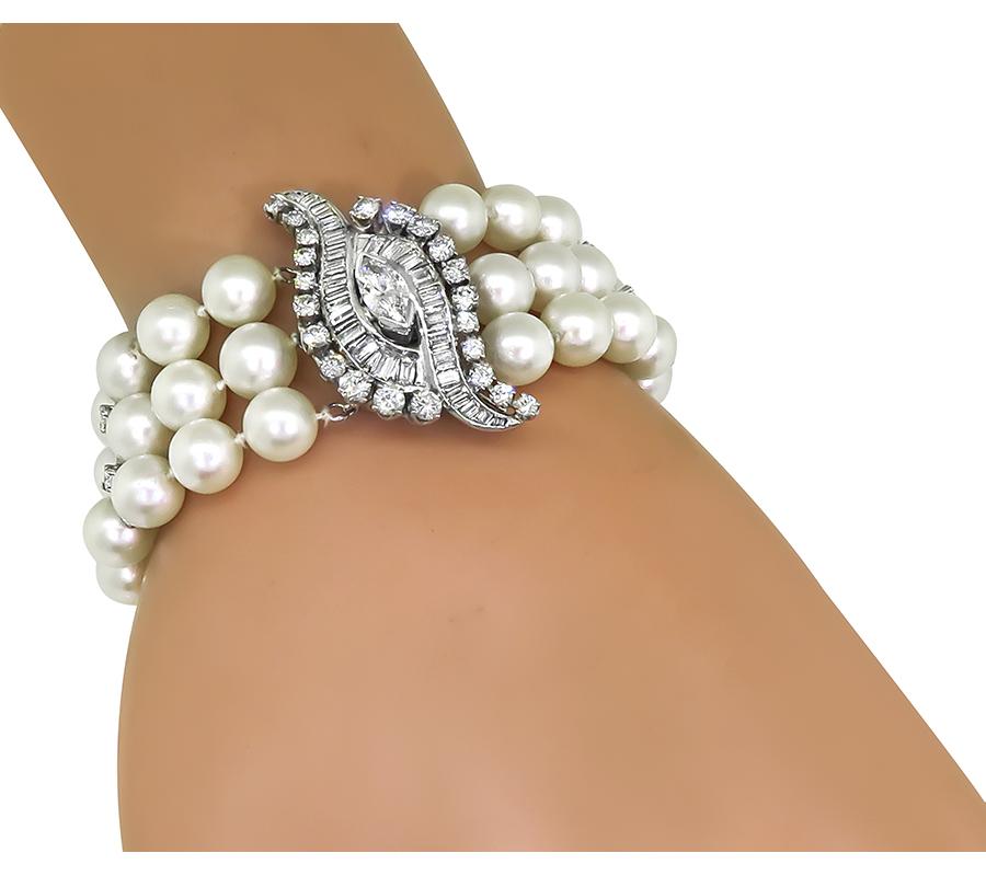 1950s 2.00ct Diamond 14k White Gold Pearl Bracelet