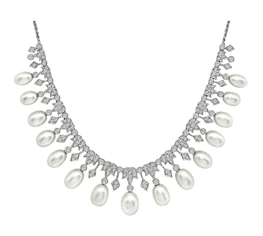 Estate 2.75ct Diamond Pearl 18k White Gold Necklace