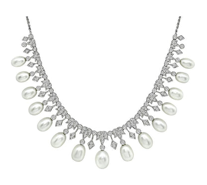Estate 2.75ct Diamond Pearl 18k White Gold Necklace