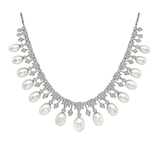Estate 2.75ct Diamond Pearl 18k White Gold Necklace