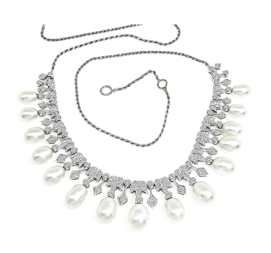 Estate 2.75ct Diamond Pearl 18k White Gold Necklace