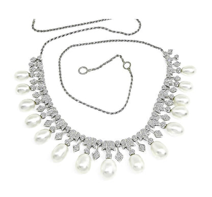 Estate 2.75ct Diamond Pearl 18k White Gold Necklace