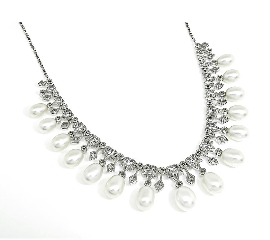 Estate 2.75ct Diamond Pearl 18k White Gold Necklace
