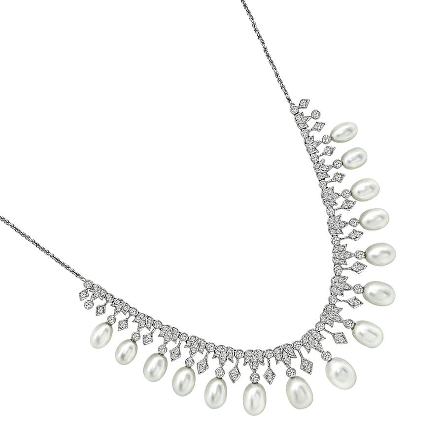 Estate 2.75ct Diamond Pearl 18k White Gold Necklace