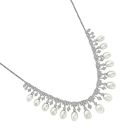 Estate 2.75ct Diamond Pearl 18k White Gold Necklace