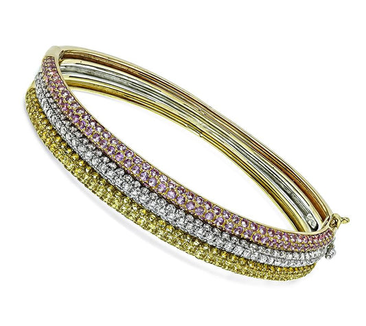 Estate 8.00ct Pink and Yellow Sapphire 3.30ct Diamond Three Tone Gold Bangle