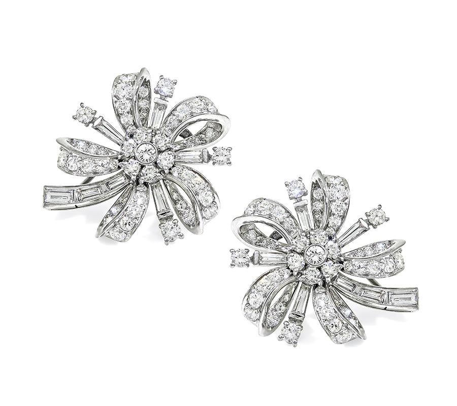 1950s 4.00ct Diamond Platinum Flower Earrings