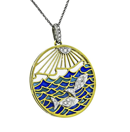 Vintage 1960s Diamond Plique-a-jour 18k Yellow and White Gold Zodiac Pendant