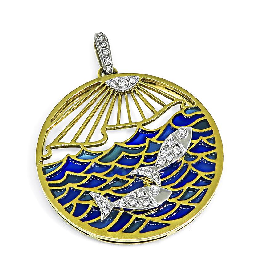 Vintage 1960s Diamond Plique-a-jour 18k Yellow and White Gold Zodiac Pendant