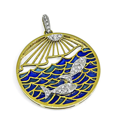 Vintage 1960s Diamond Plique-a-jour 18k Yellow and White Gold Zodiac Pendant