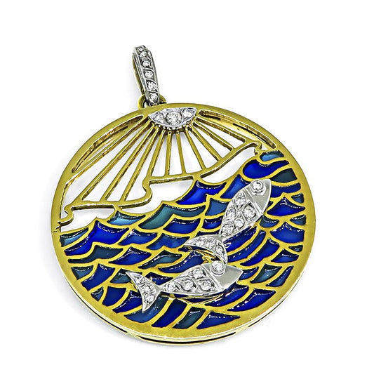 Vintage 1960s Diamond Plique-a-jour 18k Yellow and White Gold Zodiac Pendant