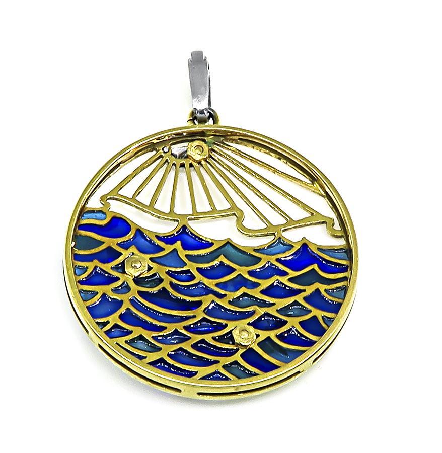 Vintage 1960s Diamond Plique-a-jour 18k Yellow and White Gold Zodiac Pendant