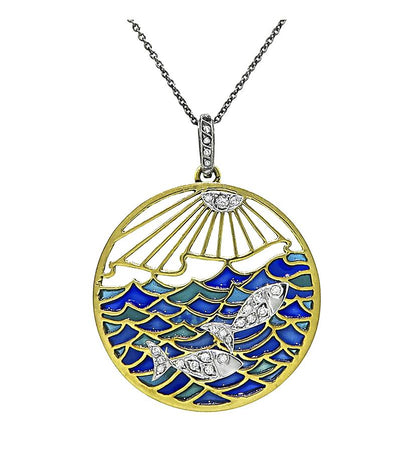 Vintage 1960s Diamond Plique-a-jour 18k Yellow and White Gold Zodiac Pendant