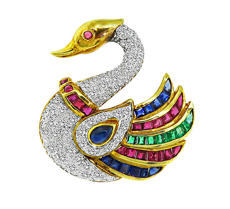 Estate 0.75ct Diamond 1.00ct Precious Stone Gold Swan Pin