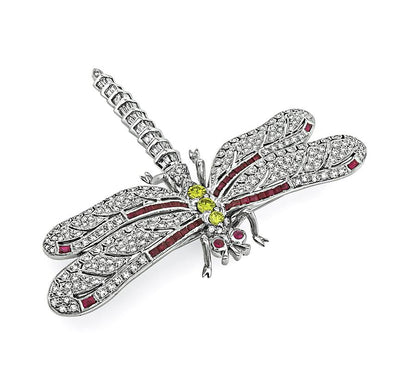 3.00ct Diamond 0.75ct Fancy Yellow Diamond Ruby 18k Gold Dragonfly Pin