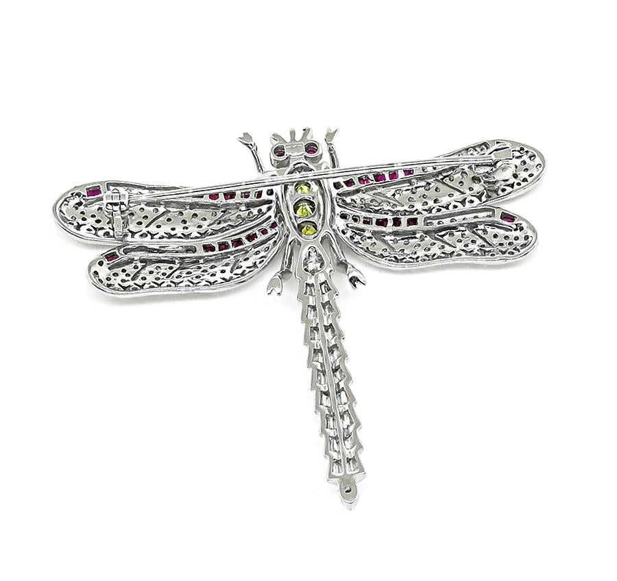 3.00ct Diamond 0.75ct Fancy Yellow Diamond Ruby 18k Gold Dragonfly Pin