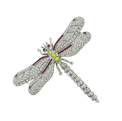 3.00ct Diamond 0.75ct Fancy Yellow Diamond Ruby 18k Gold Dragonfly Pin