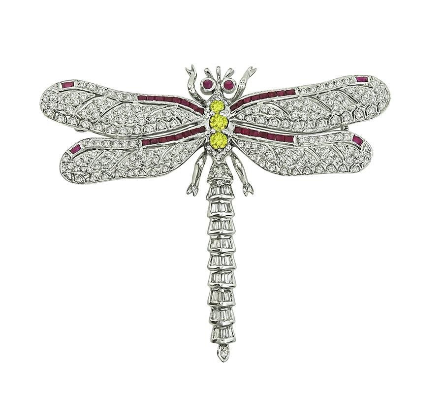 3.00ct Diamond 0.75ct Fancy Yellow Diamond Ruby 18k Gold Dragonfly Pin